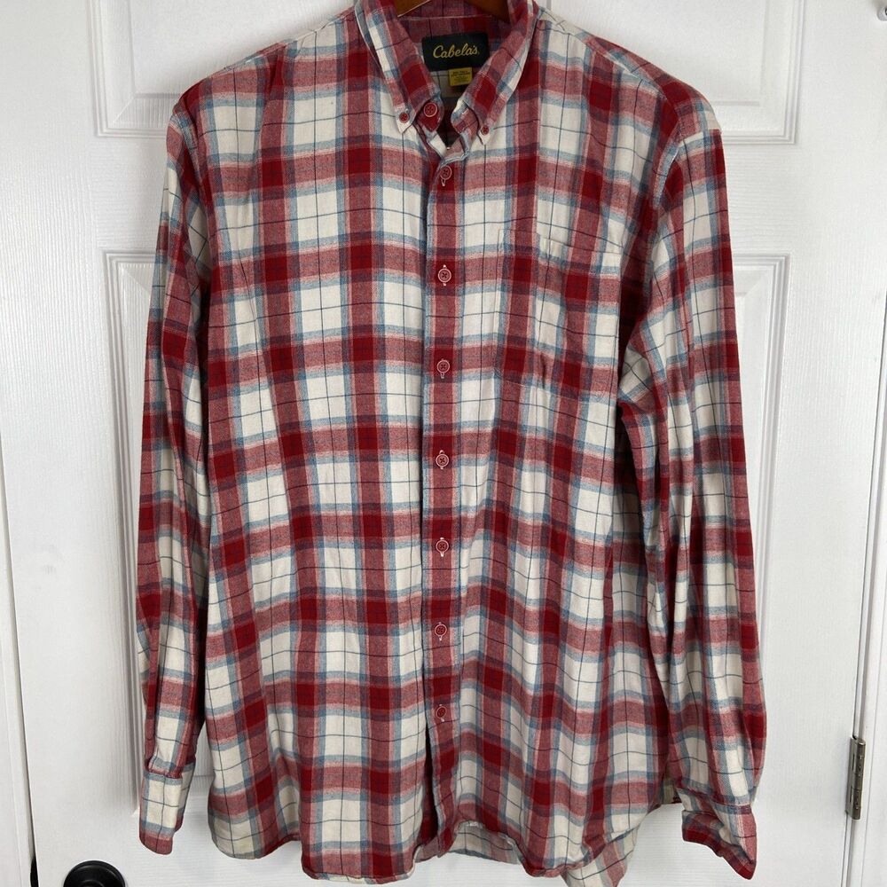Cabelas Flannel Red White Blue Plaid Long Sleeve Button Down Shirt Mens XXL Tall